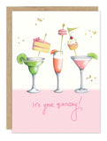 Biely & Shoaf Cake Cocktails Birthday Card with cake, cupcake & cookie toppers on recycled gold foil paper.
