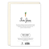 The back of the Egg Happy Easter Card by Biely & Shoaf features a small carrot illustration, artist info, brand name, and copyright details in black on white. A partially visible envelope is shown; made in the USA.