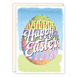 The Egg Happy Easter Card by Biely & Shoaf features a large egg with vibrant flowers, carrots, bunnies, and chicks, plus “Happy Easter” in bold white letters. Proudly printed in the USA.