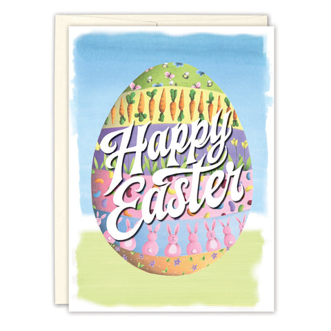 The Egg Happy Easter Card by Biely & Shoaf features a large egg with vibrant flowers, carrots, bunnies, and chicks, plus “Happy Easter” in bold white letters. Proudly printed in the USA.
