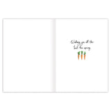 The Egg Happy Easter Card by Biely & Shoaf features "Wishing you all the best this spring" above three illustrated carrots on a white background. The left inside is blank. Printed in the USA.