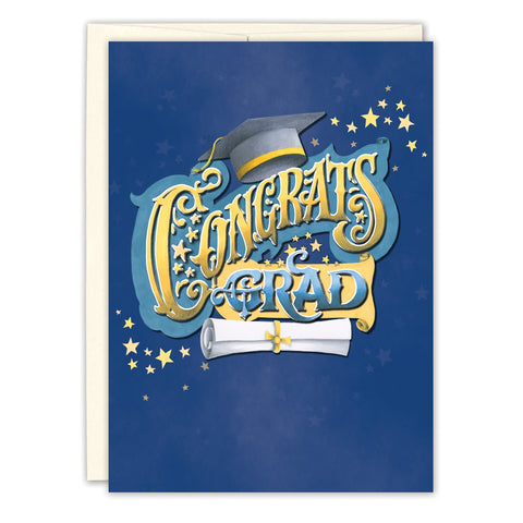 The Celestial Graduation Card by Biely & Shoaf features a blue background with yellow stars, "Congrats Grad" text, a cap and diploma design by Lisa Jane Smith, and is vibrantly printed in the USA.