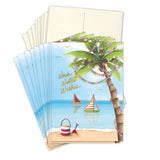 The Palm Tree Warm Wishes Boxed Holiday Cards by Biely & Shoaf feature a beach scene with a lighted palm tree, gold foil sailboats, and “Warm Winter Wishes” in gold. The FSC-certified set includes 10 cards with envelopes.