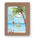 Palm Tree Holiday Boxed Set by Biely & Shoaf: beach scene, palm lights, toys, boats & gold foil “Warm Winter Wishes”.