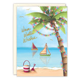 Send warm holiday cheer with Biely & Shoafs Palm Tree Warm Wishes Boxed Holiday Cards (Set of 10), featuring a festive beach scene and Warm Winter Wishes in gold foil, printed on FSC-certified recycled paper.