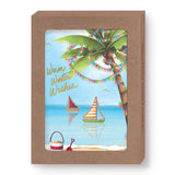 Send holiday cheer with Biely & Shoafs Palm Tree Warm Wishes Boxed Holiday Cards (Set of 10), featuring a palm tree with lights, sailboats, beach toys, and “Warm Winter Wishes” in gold foil.