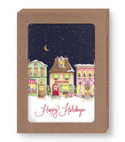 Biely & Shoaf's Christmas Village at Night Holiday Card Set—festive shops, perfect for your holiday greetings.
