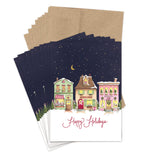 Christmas Village at Night card set by Biely & Shoaf—illustrated shops, starry sky, brown envelopes, recycled paper.