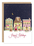 Biely & Shoaf’s Christmas Village at Night card set features snowy shops—perfect for festive holiday greetings.