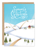 Snowy hills, trees & house. "Season’s Greetings" on Biely & Shoaf Snowy Landscape Holiday Card Set, recycled paper.