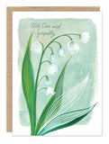 Biely & Shoaf Lily Of The Valley Sympathy Card featuring a green background and "With Care and Sympathy" message.