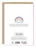 The back of the All Your Wishes Birthday Card by Biely & Shoaf shows a pastel rainbow with gold foil accents, the phrase "all worlds," Meera Lee Patel’s bio, Biely & Shoaf logo, barcode, and a brown recycled paper envelope.