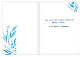The Love Is The Bridge Sympathy Card by Biely & Shoaf features blue watercolor leaves in the corners and the message: May memories of your loved one bring comfort. With deepest sympathy., printed in blue on FSC-certified recycled paper.