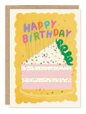 Illustration of a slice of pink and white layered cake with colorful sprinkles and letter sticks spelling Happy Birthday. The Rainbow Candles Birthday Card by Biely & Shoaf comes with an FSC-certified recycled paper envelope.