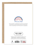 The back of the Rainbow Candles Birthday Card by Biely & Shoaf displays a rainbow illustration, a brief artist bio, company logo, and details about its recycled paper material and origin.