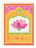 The Lotus Flower Diwali Card by Biely & Shoaf features a pink lotus, ornate patterns, and “Have a Happy Diwali” on an orange-yellow background, printed on FSC-certified recycled paper.