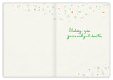 The Biely & Shoaf Lotus Flower Diwali Card features green and orange star and dot decorations on FSC-certified recycled paper. “Wishing you peace and good health” is printed in green cursive on the right; the left page is blank.
