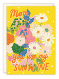 The Sunshine Mother's Day Card by Biely & Shoaf features bright yellow, floral illustrations with white polka dots and "Mom, you are my SUNSHINE" in orange/yellow text. Comes with an envelope. Printed in the USA.