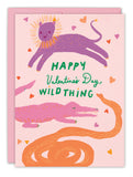 The Wild Thing Valentine's Day Card by Biely & Shoaf features playful illustrations of a purple lion, pink crocodile, and orange snake with hearts. The front reads, "Happy Valentine’s Day, Wild Thing.