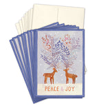 The Biely & Shoaf Peace & Joy Reindeer Boxed Holiday Cards Set of 10 features two deer with floral antlers in snowy scenery and PEACE & JOY below, plus cream envelopes. FSC-certified.