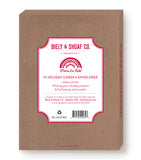 Brown box packaging for Biely & Shoaf Peace & Joy Reindeer Boxed Holiday Cards—set of 10 cards and envelopes with red and white label, gold foil accents, and the message: Wishing you a holiday season full of beauty and wonder.