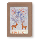 Two reindeer with colorful antlers stand in snowy flakes above PEACE & JOY in gold foil. Biely & Shoaf’s Peace & Joy Reindeer Boxed Holiday Cards (set of 10) come beautifully boxed and printed on FSC-certified paper.