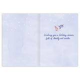 The Peace & Joy Reindeer Boxed Holiday Cards by Biely & Shoaf feature a pale blue interior with white dot snow, a small floral illustration, and the message: “Wishing you a holiday season full of beauty and wonder.” Set of 10. Printed on recycled paper.
