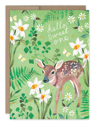 The Holding You Sympathy Card by Biely & Shoaf features a fawn among white daffodils, green ferns, and butterflies. A textured green background enhances the cursive hello sweet one, providing warmth and comfort.