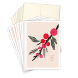 The Biely & Shoaf Peace Love Color Joy Boxed Holiday Cards set includes 10 cards featuring red berries and green leaves on a pale background with “Peace Love Color Joy, plus cream envelopes. Printed on FSC-certified paper.