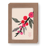 The Peace Love Color Joy Boxed Holiday Cards (set of 10) by Biely & Shoaf feature a watercolor design of red berries and green leaves in a brown box. PEACE LOVE COLOR JOY appears in pink at the bottom right, printed on FSC-certified paper.