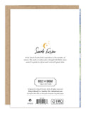 The back of the Hydrangea Wedding Card features Sarah Forster’s signature, a brief artist bio, the Biely & Shoaf logo, copyright info, and recycled paper and eco-certification symbols—honoring her watercolor illustration style.