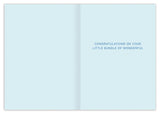 The Biely & Shoaf Sweet Baby Boy New Baby Card features a light blue background, gold foil details, and “Congratulations on your little bundle of wonderful” in blue text. Illustrated by Sarah Long; left page is blank.