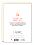 The back cover of the Sweet Baby Girl New Baby Card by Biely & Shoaf displays a pacifier graphic, Sarah Long Illustrates title, a short bio about Sarah Long, and copyright info—printed on FSC-certified recycled paper.