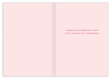 The Sweet Baby Girl New Baby Card by Biely & Shoaf features a pale pink background and pink CONGRATULATIONS ON YOUR LITTLE BUNDLE OF WONDERFUL text. Made from recycled paper, the left side is blank for your own message.