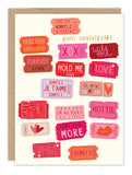 The Love Tickets Anniversary Card by Biely & Shoaf features gold foil and colorful ticket stubs with romantic messages like Free Kiss, XO, Forever & Ever, and Love You More. Illustration by Sarah Long.