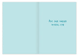 The Dive Into Cake Birthday Card by Biely & Shoaf features light blue tones and "Dive into another amazing year" on the right. Designed by Sarah Long, printed on FSC-certified recycled paper. Left side is blank.