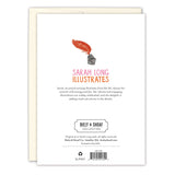 The back of the Knight You're A Legend Father's Day Card features a red feather quill in an ink bottle, "Sarah Long Illustrates," a brief artist bio, and Biely & Shoaf branding. Proudly printed in the USA.