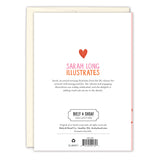 Back of the Boom Box Mother’s Day Card featuring an illustrated red heart, intro to illustrator Sarah Long, and Biely & Shoaf branding. A matching envelope is partially visible behind the greeting card.