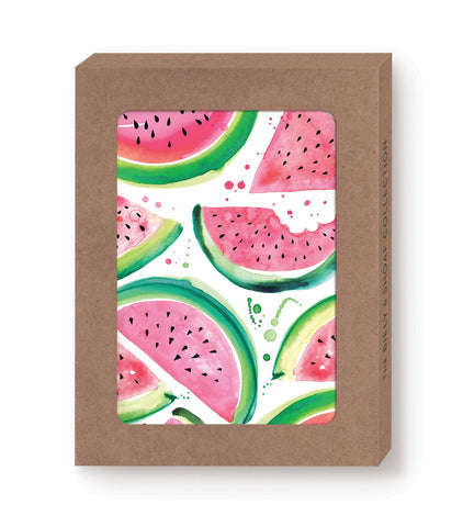 The Watermelon Slices Boxed Cards by Biely & Shoaf feature a vibrant illustration of watermelon slices on a white background, highlighting shades of pink, red, and green. The artwork is enclosed in a brown cardboard frame crafted from recycled paper, giving it the appearance of an illustrated notecard or decorative poster.