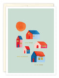 The product, "Houses New Home Card" by Biely & Shoaf, features an illustration of colorful houses with a sun on a light green background. The text reads, "Congratulations on Your New Place, New Home, New Memories to be Made.